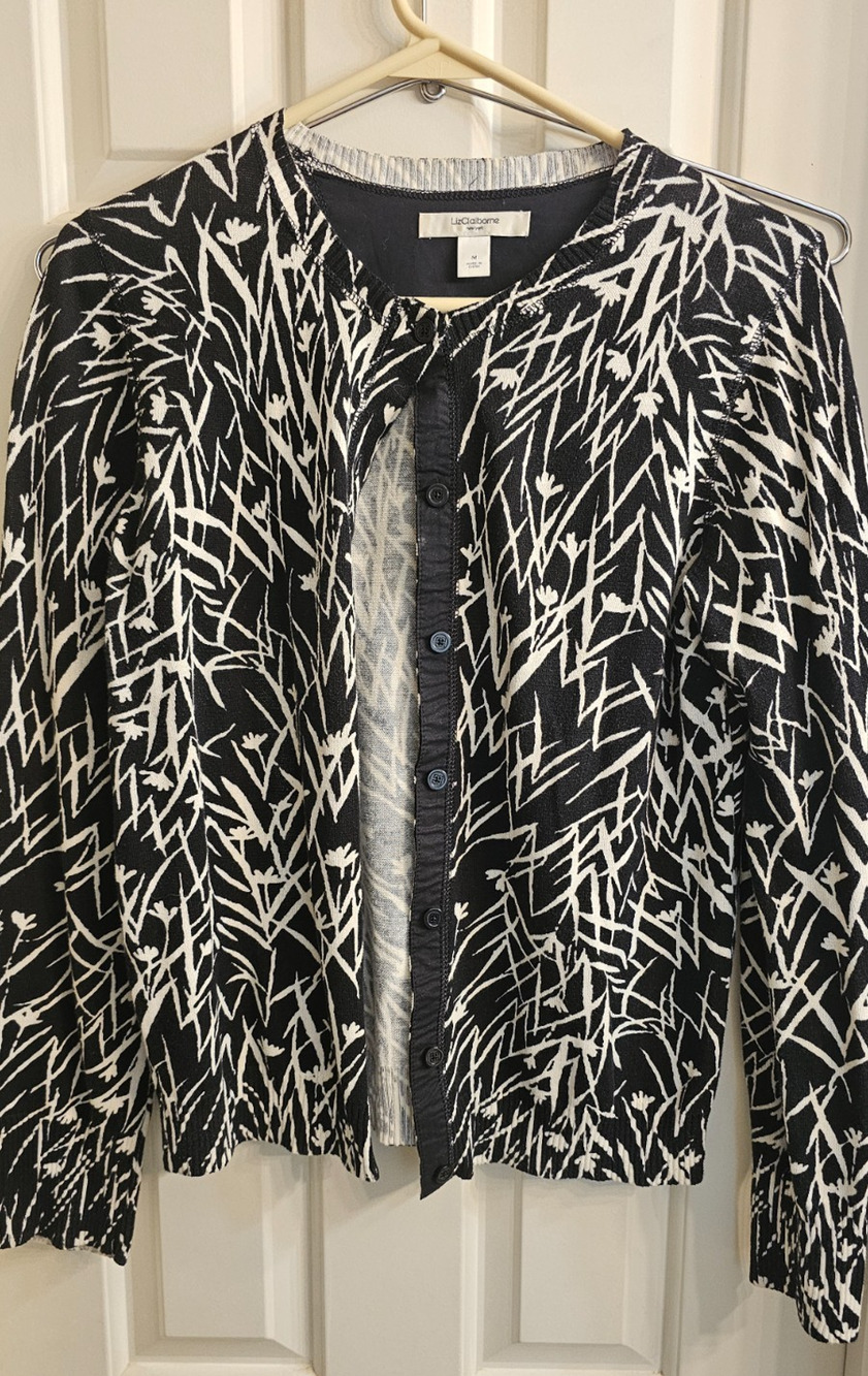 Liz Claiborne Black and White Cardigan Sz M Long Sleeve